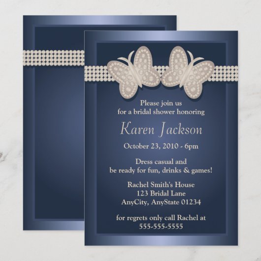 Blue Studded Butterfly Bridal Shower Invitations Kaart (Voorkant / Achterkant)