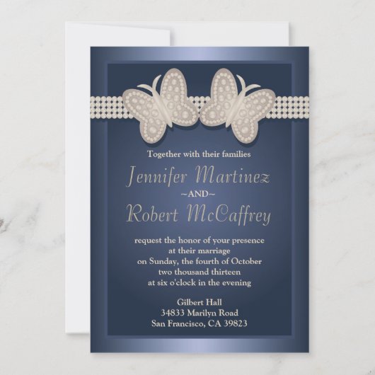 Blue Studded Butterfly Wedding Invitations Kaart (Voorkant)
