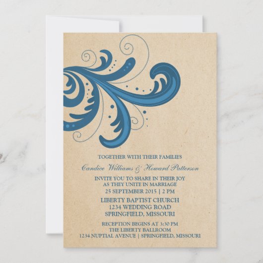 Blue Stylish Swirls Wedding Invite Kaart (Voorkant)
