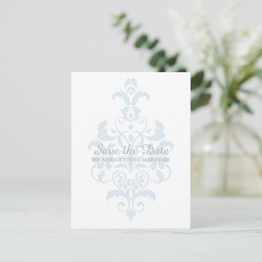Blue Subtle Damask Save the Date Briefkaart (Staand voorkant)