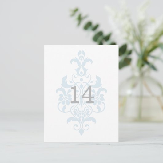 Blue Subtle Damask Table Number Briefkaart (Staand voorkant)
