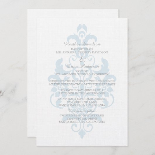 Blue Subtle Damask Wedding Invite Kaart (Voorkant / Achterkant)