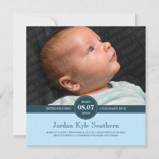 Blue Subtle Stripe Baby Boy Birth Notice Aankondiging (Voorkant)