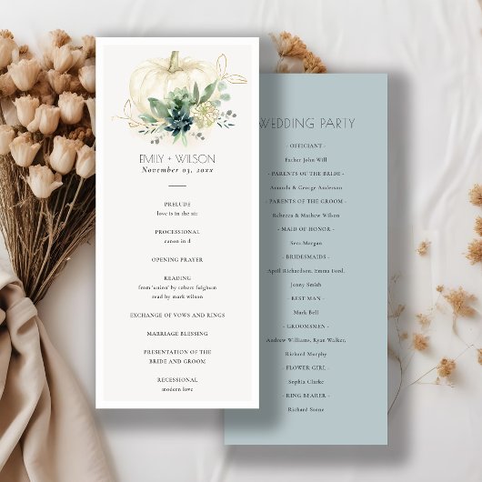 Blue Succulent Pumpkin Wedding Ceremony Programme Menu