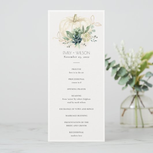Blue Succulent Pumpkin Wedding Ceremony Programme Menu (Staand voorkant)