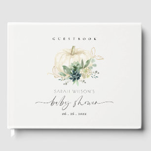 Blue Succulent White Gold Pumpkin-Baby shower Gastenboek