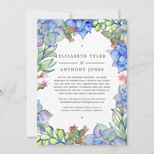 Blue Succulents Wedding Reduced Guest List Aankondiging (Voorkant)