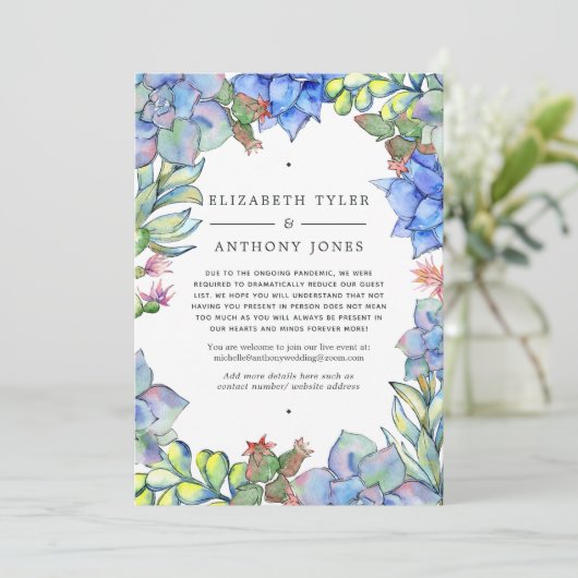 Blue Succulents Wedding Reduced Guest List Aankondiging (Staand voorkant)