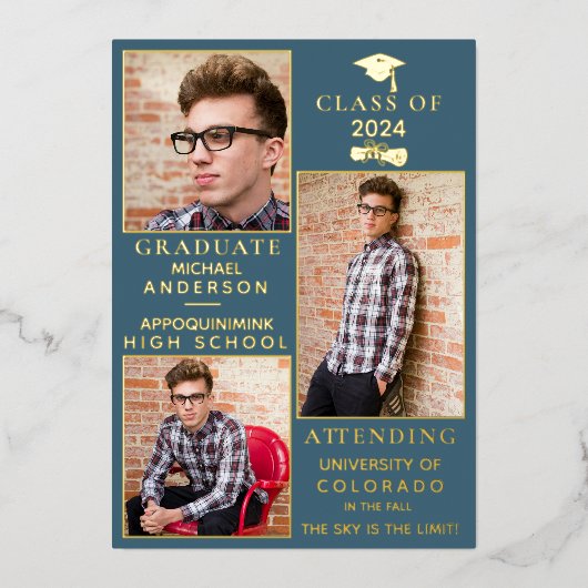 Blue-Suede Gold Foil HS Afstuderen Aankondiging (Voorkant)