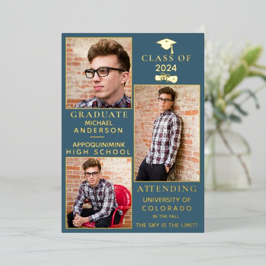 Blue-Suede Gold Foil HS Afstuderen Aankondiging (Staand Voorkant)