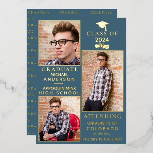 Blue-Suede Gold Foil HS Afstuderen Aankondiging (Voorkant / Achterkant)