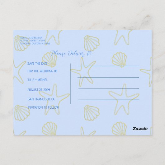 Blue Summer Simple Zee Shell en Star Beach Desing Briefkaart (Achterkant)