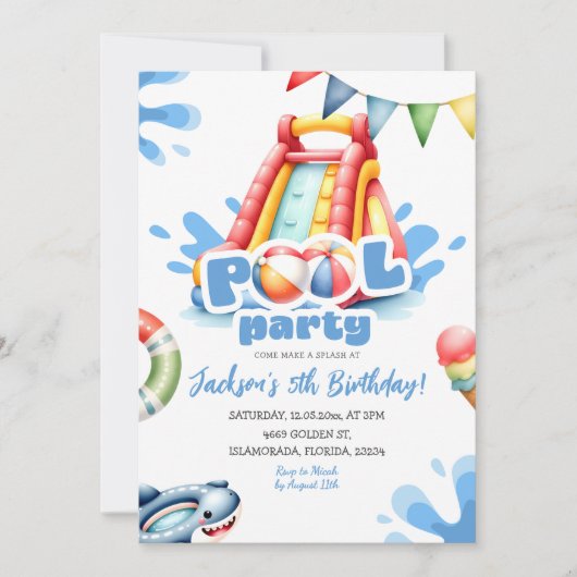 Blue Summer Splash Pool Party Boy Verjaardag Kaart (Voorkant)