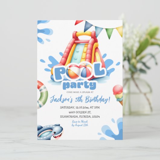 Blue Summer Splash Pool Party Boy Verjaardag Kaart (Staand voorkant)