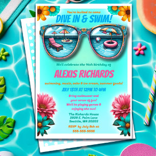 Blue Summer Splash Verjaardag Zwembad Party Uitnod Kaart