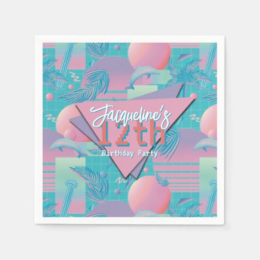 Blue Summer Vaporwave Sunset Verjaardag Servet (Voorkant)