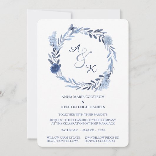 Blue Summer Wreath Monogram Wedding Invitation Kaart (Voorkant)