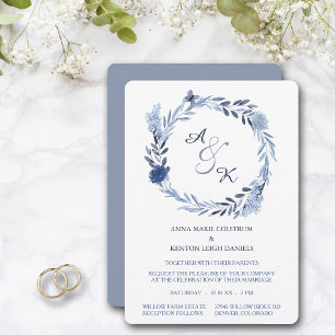 Blue Summer Wreath Monogram Wedding Invitation Kaart
