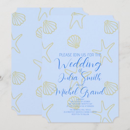 Blue Summer Zee Shell en Star Beach Wedding Kaart (Voorkant / Achterkant)