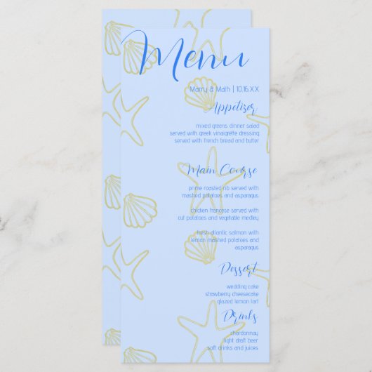 Blue Summer Zee Shell en Star Beach Weddining Menu (Voorkant / Achterkant)