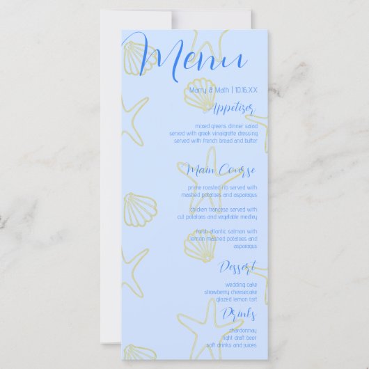 Blue Summer Zee Shell en Star Beach Weddining Menu (Voorkant)