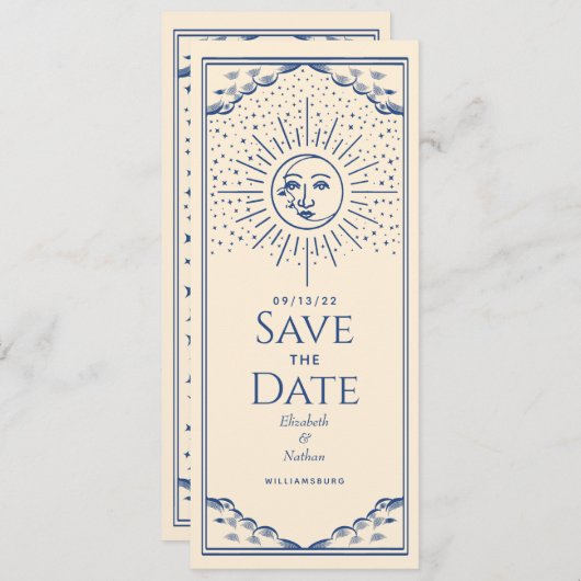 Blue Sun en Moon Tarot Kaart Save the Date (Voorkant / Achterkant)