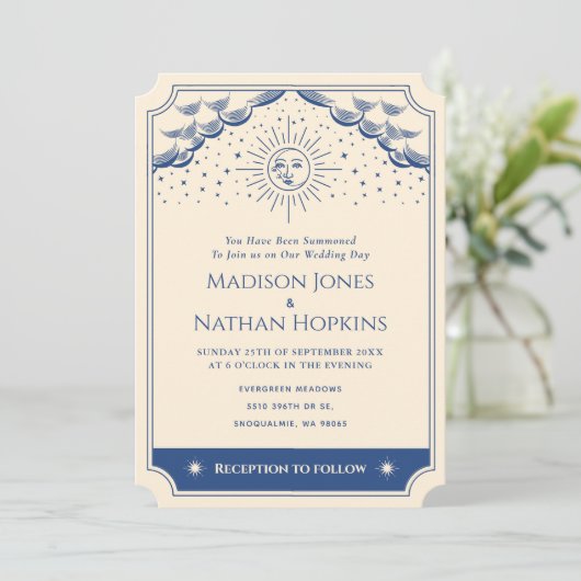 Blue Sun en Moon Tarot Kaart Wedding Invitation (Staand voorkant)