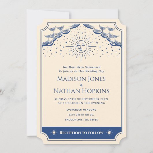 Blue Sun en Moon Tarot Kaart Wedding Invitation (Voorkant)