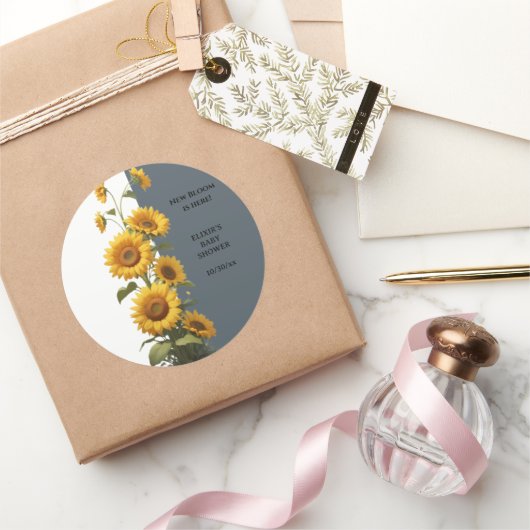 Blue Sunflower Baby shower Ronde Sticker (Geschenken)