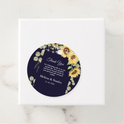 Blue Sunflower Eucalyptus String Lights Wedding Bedankjes Labels (In situ)