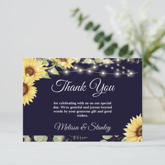 Blue Sunflower Eucalyptus String Lights Wedding Bedankkaart (Staand voorkant)