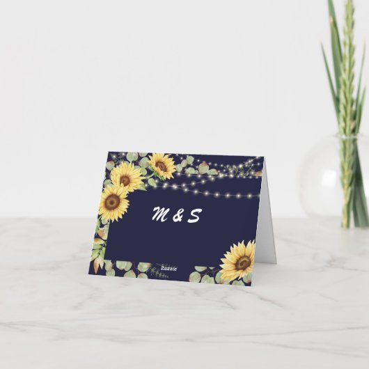 Blue Sunflower Eucalyptus String Lights Wedding Bedankkaart (Achterkant)