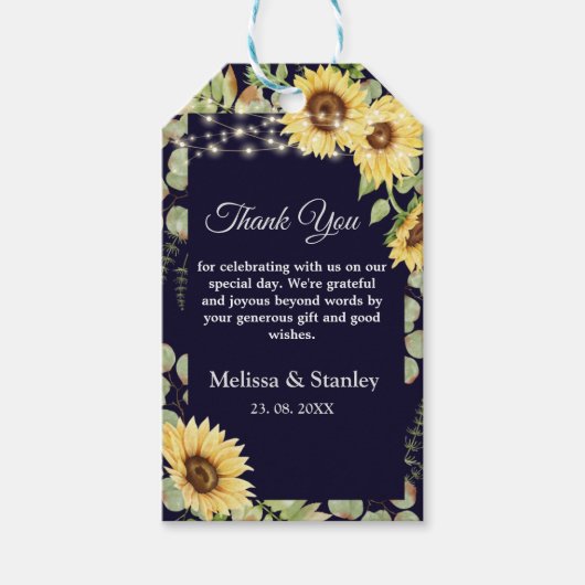 Blue Sunflower Eucalyptus String Lights Wedding Cadeaulabel (Voorkant)