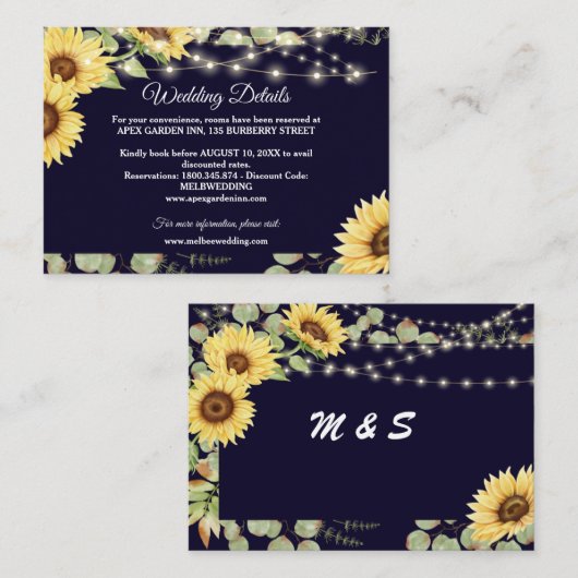 Blue Sunflower Eucalyptus String Lights Wedding Informatiekaartje (Voorkant / Achterkant)