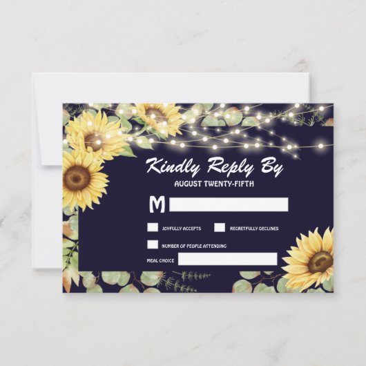 Blue Sunflower Eucalyptus String Lights Wedding RSVP Kaartje (Voorkant)