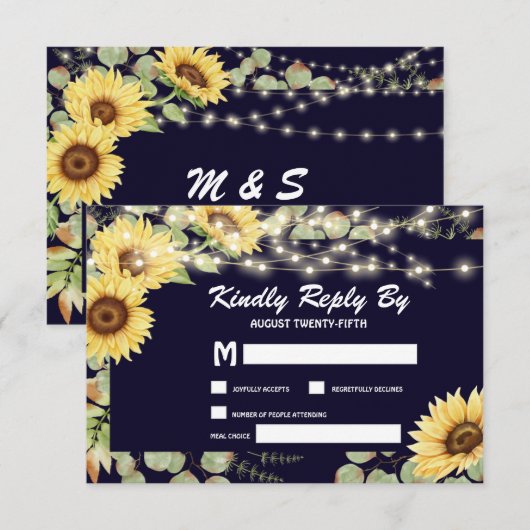Blue Sunflower Eucalyptus String Lights Wedding RSVP Kaartje (Voorkant / Achterkant)