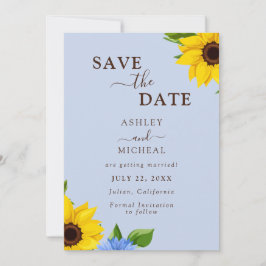 Blue Sunflower Wedding Flat Save The Date Kaart