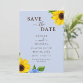 Blue Sunflower Wedding Flat Save The Date Kaart (Staand voorkant)