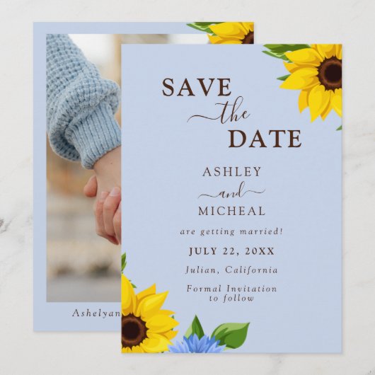 Blue Sunflower Wedding Flat Save The Date Kaart (Voorkant / Achterkant)
