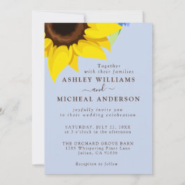 Blue  Sunflower Wedding Invitation With Photo Kaart