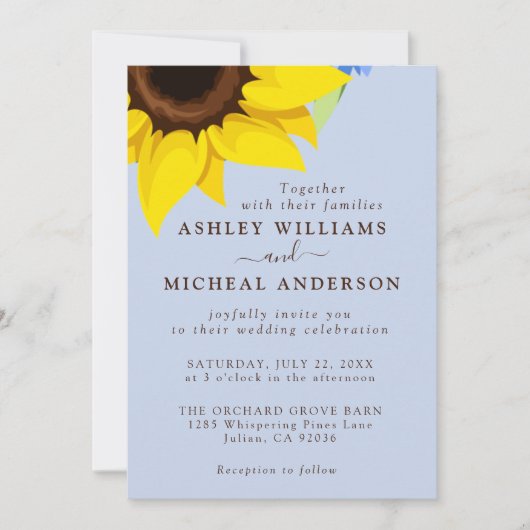 Blue  Sunflower Wedding Invitation With Photo Kaart (Voorkant)