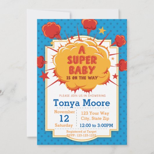 Blue Super Baby shower Invitation Kaart (Voorkant)