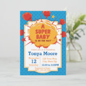 Blue Super Baby shower Invitation Kaart (Staand voorkant)