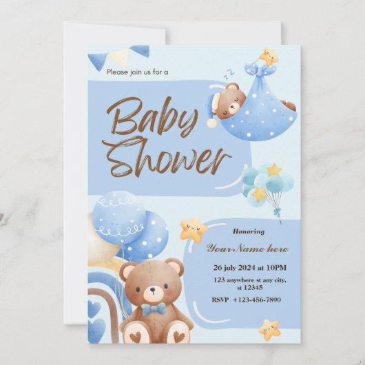 Blue Super Schattige Beer Baby shower Uitnodiginge Kaart (Voorkant)