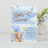 Blue Super Schattige Beer Baby shower Uitnodiginge Kaart (Staand voorkant)