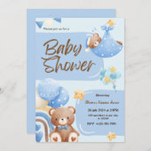 Blue Super Schattige Beer Baby shower Uitnodiginge Kaart (Voorkant / Achterkant)