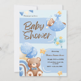 Blue Super Schattige Beer Baby shower Uitnodiginge Kaart
