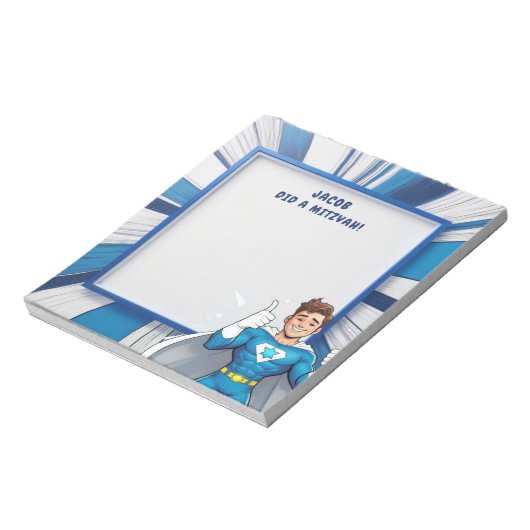 Blue Superhero Gepersonaliseerde Mitswa Note Pad Notitieblok (Linkerzijde)