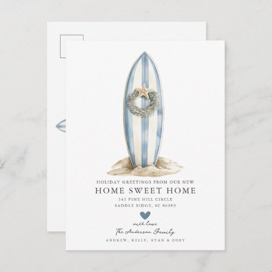 Blue Surfboard Kerstmis Verhuisaankondiging Aankondigingskaart (Voorkant / Achterkant)