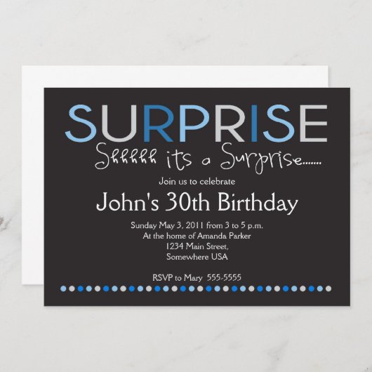 Blue Surprise Birthday Invitation Kaart (Voorkant / Achterkant)